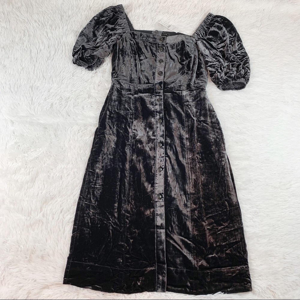J Crew New Puff-sleeve square neck velvet dress knee length button front - Picture 2 of 9